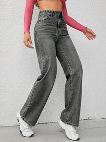 SHEIN EZwear 女士宽松直筒加厚口袋休闲牛仔裤，适合感恩节和圣诞节穿着。 - 灰色 - 查看 5