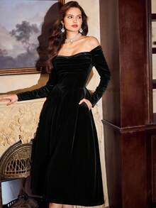 Vintamour 复古优雅女士丝绒连衣裙，带口袋，长袖，适合派对/节日/鸡尾酒会，秋季女装，万圣节服装，冬季服装，圣诞节冬季连衣裙，秋季女装，万圣节服装，圣诞节服装，圣诞派对连衣裙，新年连衣裙，感恩节服装，优雅派对连衣裙 - 黑色 - 查看 7