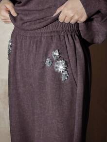 Anewsta Vintage Washed Light Blue Casual Sweatpants With Handcrafted Rhinestone Embellishments For Women - Purple - View 2