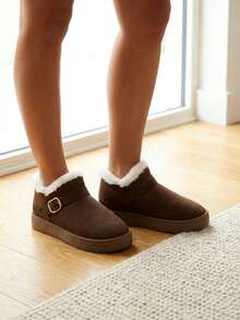 Dama botines de forro afelpado hebilla decorativa punta cerrada estilo acogedor para uso diario botines - Café integral - Ver 4