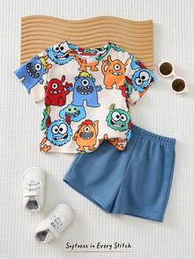 Cozy Pixies 2件套男婴卡通图案针织柔软圆领短袖上衣和松紧腰裤套装 - 彩色 - 查看 6