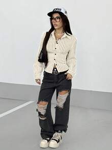 StreetHx 女士复古条纹修身衬衫 - 杏色 - 查看 4