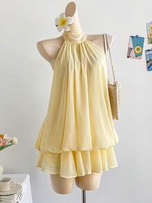 Soleia Váy ngắn thắt eo màu vàng nhạt thanh lịch, Bohemian, Boho, Kỳ nghỉ, Quần áo nữ mùa thu, Cổ điển, Ngày lễ - Vàng nhạt - Xem 1