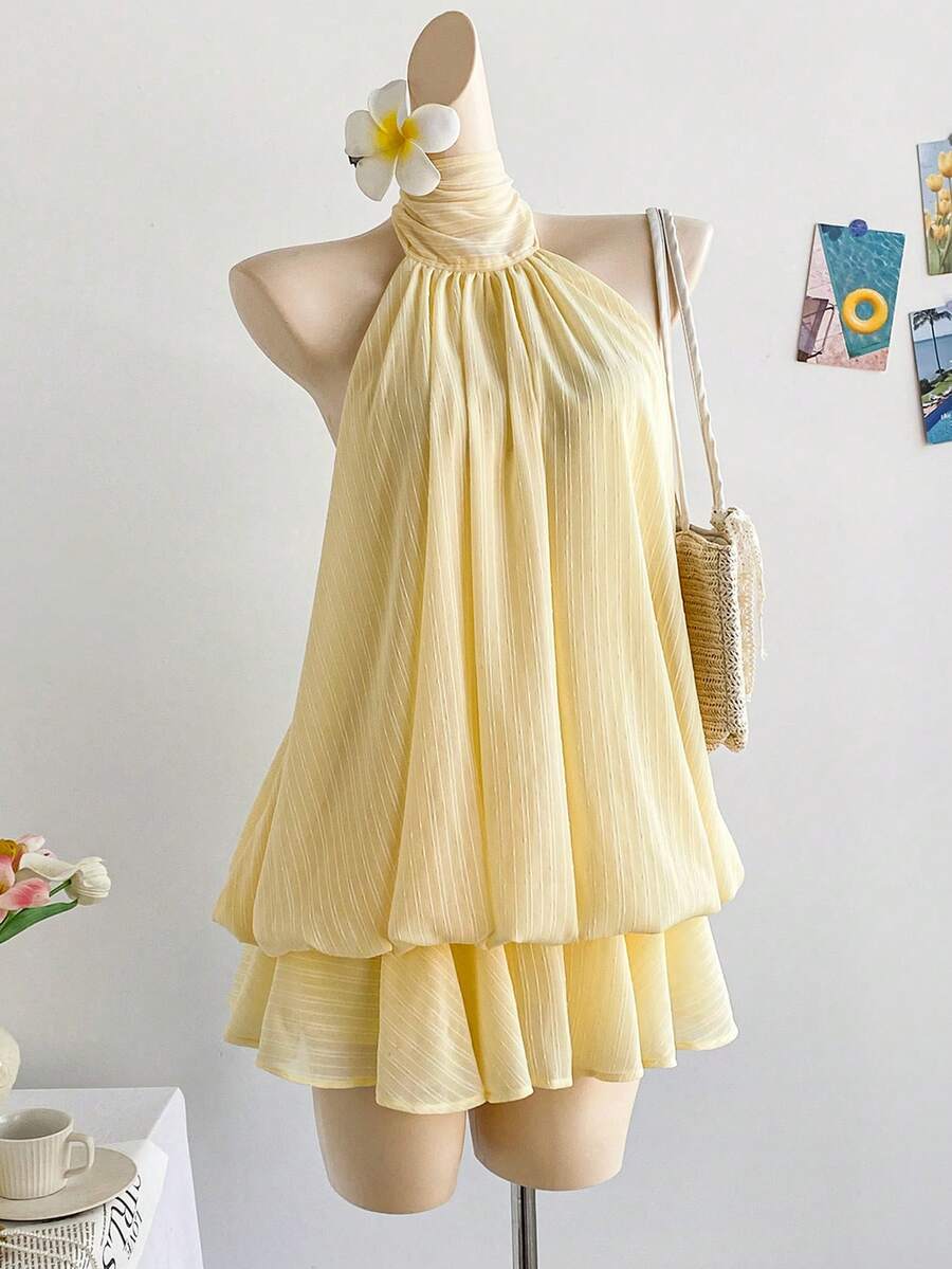 Soleia Váy ngắn thắt eo màu vàng nhạt thanh lịch, Bohemian, Boho, Kỳ nghỉ, Quần áo nữ mùa thu, Cổ điển, Ngày lễ - Vàng nhạt - Xem 1