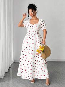 Elenzga Đầm maxi dáng chữ A tay phồng cổ vuông in hoa hồng dành cho nữ cỡ lớn, kiểu dáng cổ điển thanh lịch ngọt ngào lãng mạn, thích hợp cho hẹn hò, dự tiệc, kỳ nghỉ, đi biển, mùa xuân/hè. - Đỏ và trắng - Xem 6