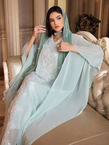 Al Najma 女士花卉刺绣V领蝙蝠袖优雅阿拉伯连衣裙 - 薄荷綠 - 查看 7