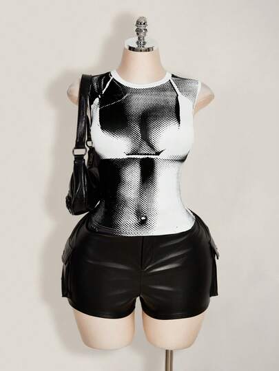 SHEIN ICON Women's Plus Size Retro Sexy Millennial Style Y2K Simple Versatile Casual Fashion Bold Avant-Garde Optical Human Body Bikini Print Slim Fit Tank Top