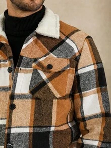 Manfinity Homme Plus Size Men's Casual Vintage Striped Long Sleeve Jacket, Suitable For Daily Outings Plaid Jacket Plaid Flannel Flannels For Men Jackets For Men - Khaki - View 5