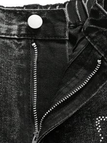 SHEIN Teen Girl All-Match Casual Versatile Butterfly Rhinestone Embellished Straight Leg Stone Wash Elastic Waist Wide Leg Jeans Teen Bow Pants