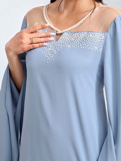 Al Najma Women's Fashionable Elegant Mesh Patchwork Turkish Maxi Dress, Arabic Traditional Long Robe Kaftan Jalabiya Dress