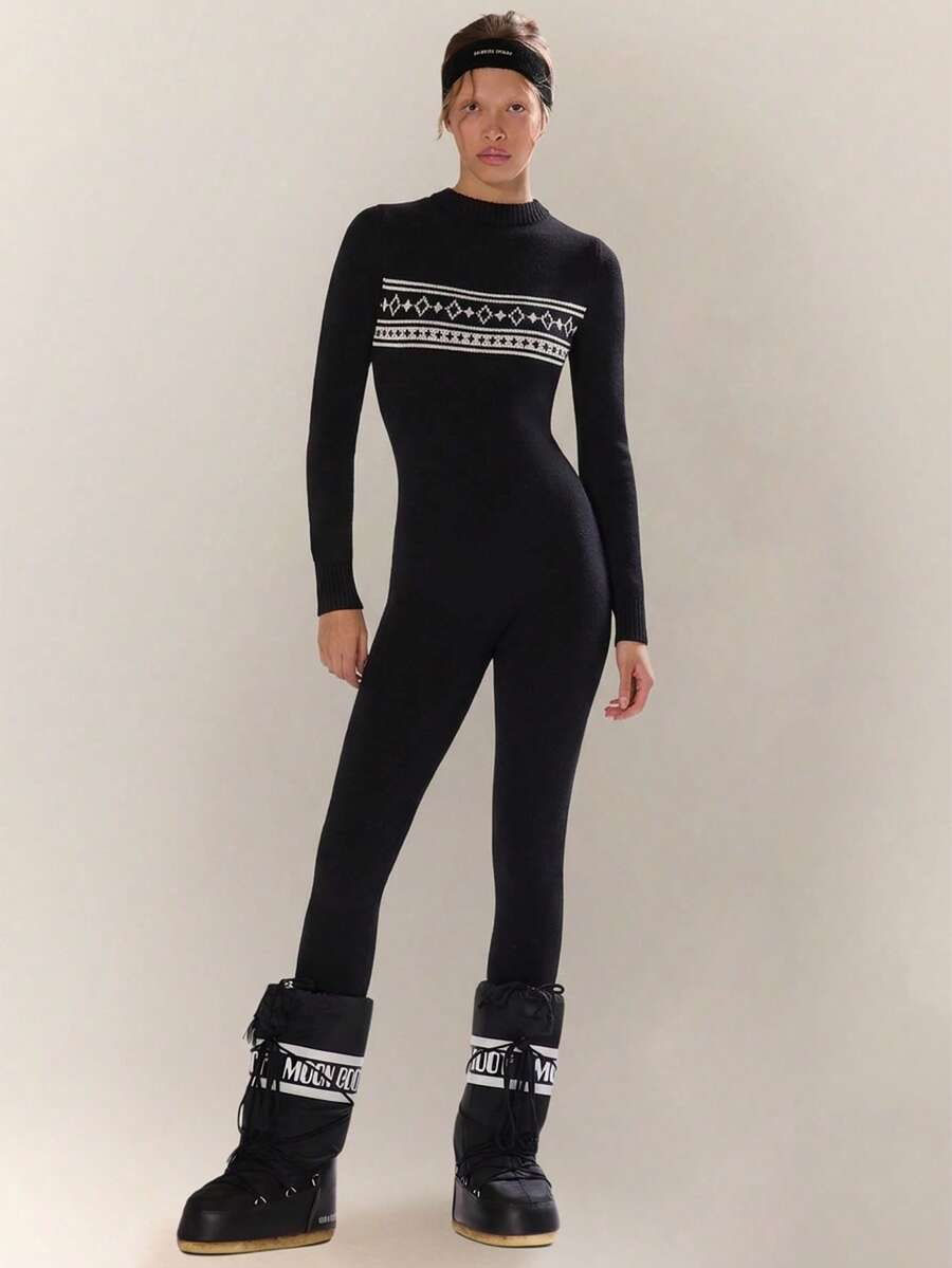 MUSERA Argyle Stripe Fitted Long Sleeve Knitted Sweater Jumpsuit Catsuit Autumn Fall Winter Ski Vacation  Lounge Holidays New Year Thanksgiving - Black - View 1