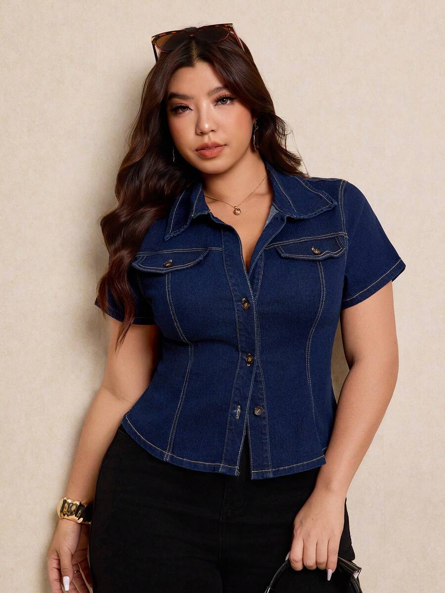 Elaquor 大码女式弹力腰牛仔短袖衬衫 - 深色水洗藍 - 查看 1