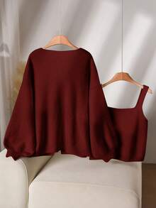 CosyJoli 大码女式心形刺绣系带开衫和吊带针织衫休闲套装 女式针织衫心形图案开衫开衫和背心套装 春季女装 - 酒紅色 - 查看 2