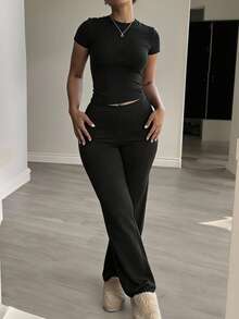 INAWLY Solva Bộ 2 áo thun dài tay màu trơn cho nữ và quần cạp rút dây cho bộ đồ thường ngày - màu đen - Xem 2