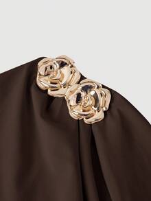 SHEIN MOD 女士金属3D立体花卉装饰不对称肩部长袖褶皱时尚迷你连衣裙