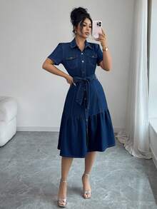 Elenzga Women's Casual Washed Front Button Short Sleeve Denim Dress Summer Elegant - Blue - View 5