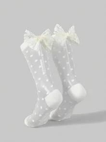ROMWE Kawaii Kaus Kaki Wanita Setengah Betis dengan Hiasan Pita dan Detail Berkilau - A1 putih pudar - View 6