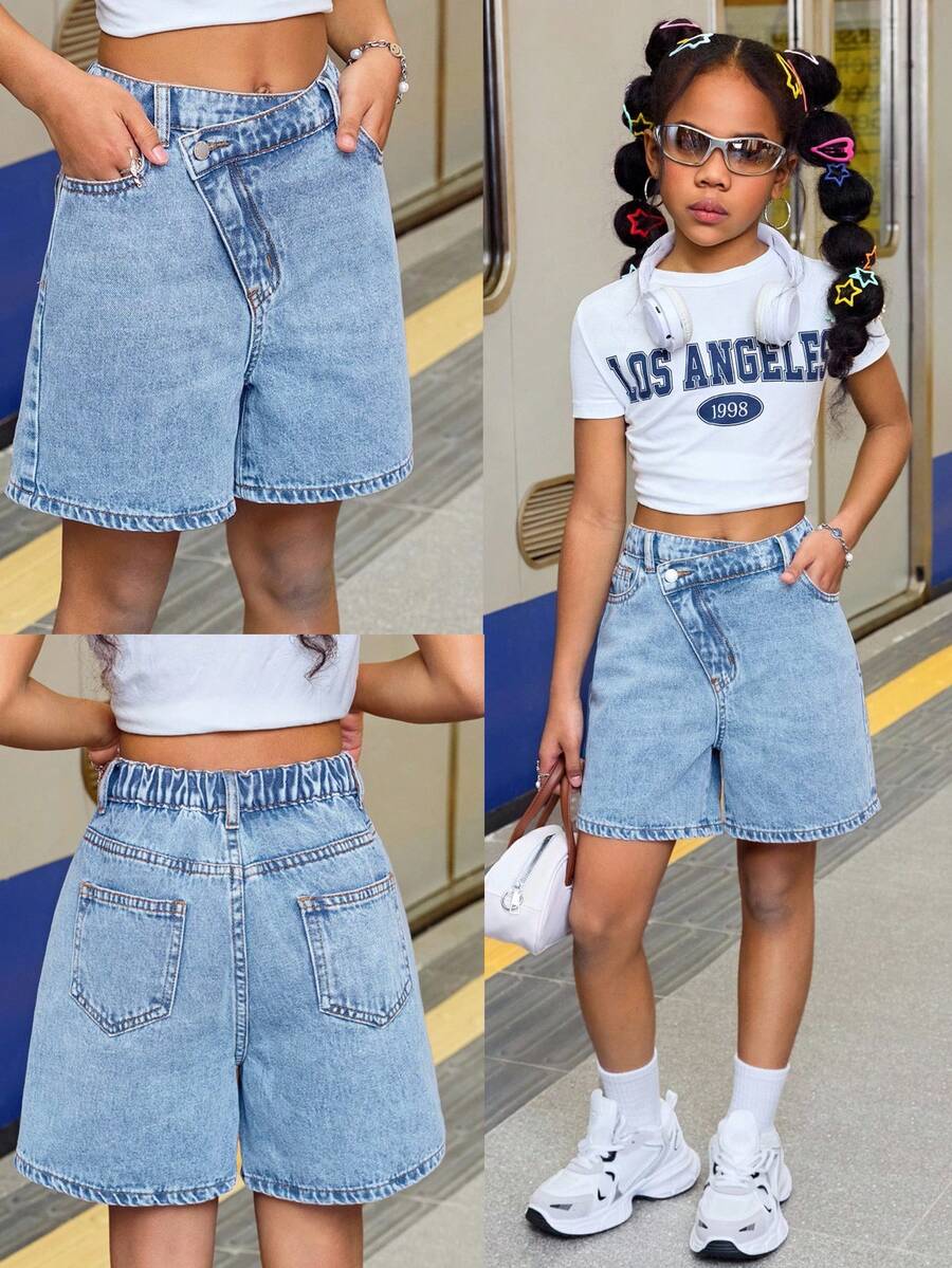SHEIN Shorts vaqueros anchos y asimétricos de cintura estilo Y2K desgastados para niña preadolescente, para verano, vacaciones de playa bohemias, conciertos de verano - Lavado ligero - Ver 1
