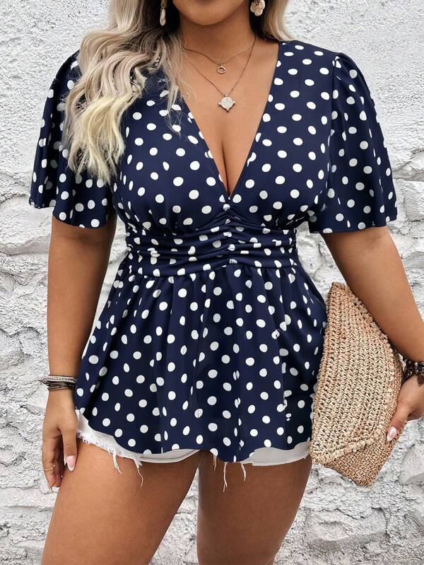 EMERY ROSE Women Random Printed Deep V Plus Size Shirt Peplum Top Women's Polka Dot Top Cute Polka Dot Top Navy Blue Polka Dot Top Vacation Top Short Sleeve Top Navy Blue Top Cute Top Women Vacation Outfit