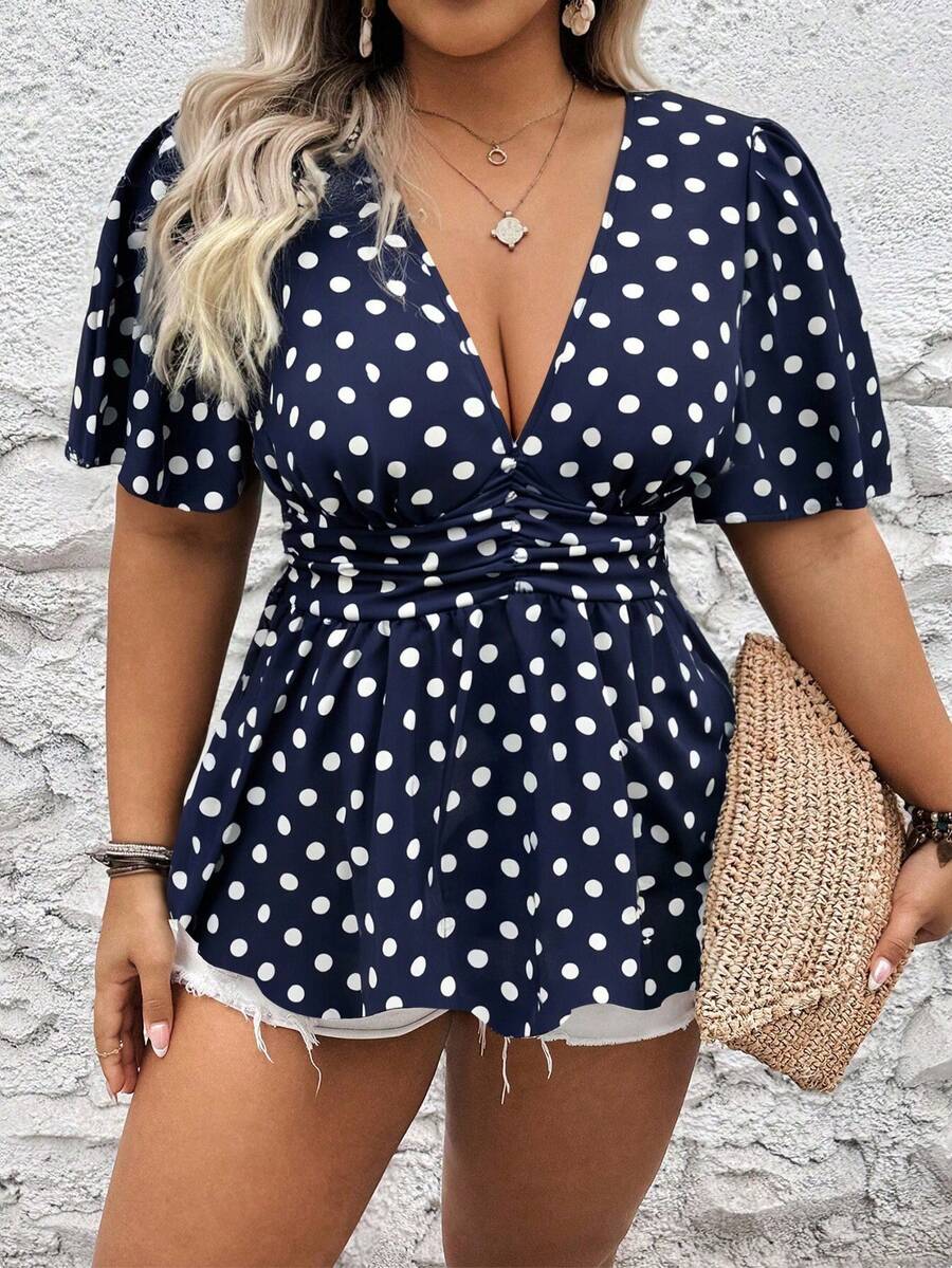 EMERY ROSE 女士随机印花深V加大码荷叶边上衣 女士波点上衣 可爱波点上衣 藏蓝色波点上衣 度假上衣 短袖上衣 藏蓝色上衣 可爱上衣 女士度假 - 藏蓝色 - 查看 1