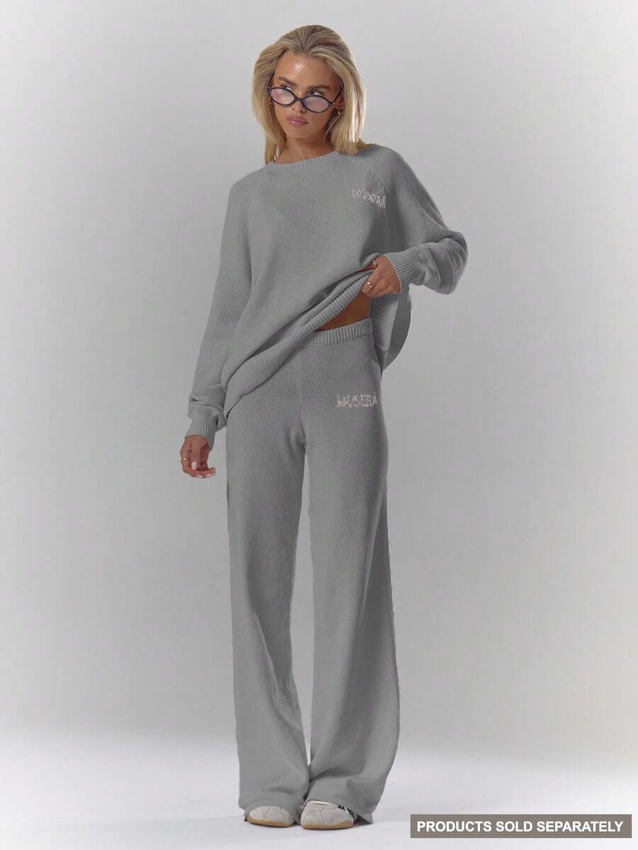 MUSERA Mid Rise Soft Knit Embroidered Wide Leg Trousers Bottom Only Fall Autumn Cosy Cute Casual Coffee Club New Year Thanksgiving Spring - Grey - View 1