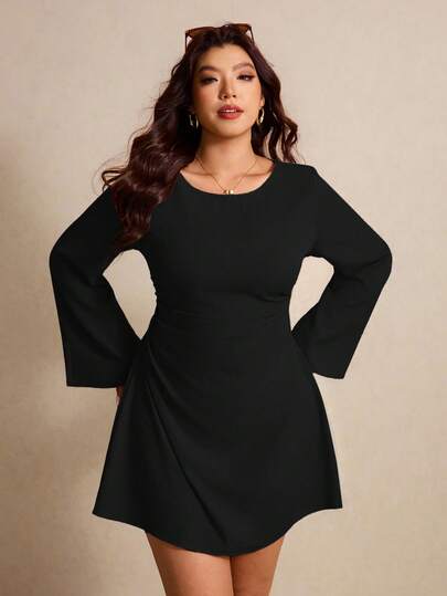 Elaquor Plus Size Women Solid Color Round Neck Flare Sleeve Ruched Fashion Dress Black Plus Size Dress