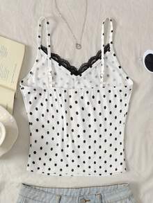SHEIN Tween Girls' Summer Casual Polka Dot Print Contrast Lace Camisole