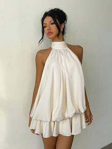 Aloruh Đầm ngắn màu mơ, hở lưng, tối giản, màu trơn, thích hợp để đi làm. - Màu be - Xem 7