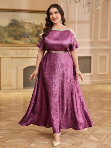 Reflora Plus Size Women's Elegant Dark Purple Satin Dress,Winter Formal Patchwork Ribbon Trim Hollow Out Design,Modest Party Wedding Guest Long Midi Dress - Purple - View 7