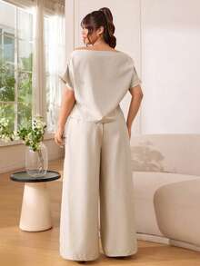 SHEIN EZwear 大码女式蝙蝠袖船领上衣和阔腿裤休闲两件套，春夏款 - 杏色 - 查看 2