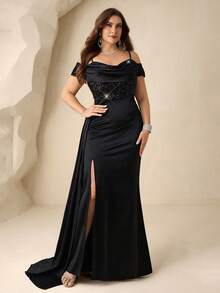 Coutiva Đầm dạ hội cỡ lớn dành cho nữ, màu trơn, đính sequin, kiểu trễ vai. - màu đen - Xem 5