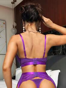 SHEIN 5件套女士性感内衣套装，包括蕾丝睫毛、钢圈、蝴蝶结装饰和及膝渔网袜 - 紫色 - 查看 10