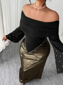 Elenzga Đầm dài tay trễ vai thanh lịch dành cho nữ, điểm nhấn là bèo nhún đính ngọc trai ở eo, thiết kế ôm sát eo cao, phối màu tương phản, thích hợp cho tiệc sinh nhật, các dịp trang trọng, hẹn hò, đám cưới. - Vàng - Xem 6