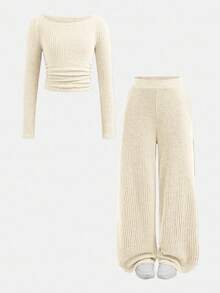 Serisse Kids 少女秋冬休闲时尚百搭罗纹露肩/露肩两用T恤套装，带口袋，搭配直筒裤，适合周末、休闲外出、返校季穿着。 - 杏色 - 查看 7