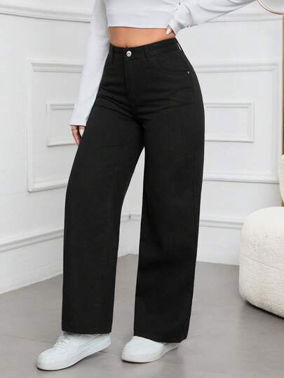 SHEIN EZwear 女士高腰口袋阔腿宽松休闲百搭牛仔裤