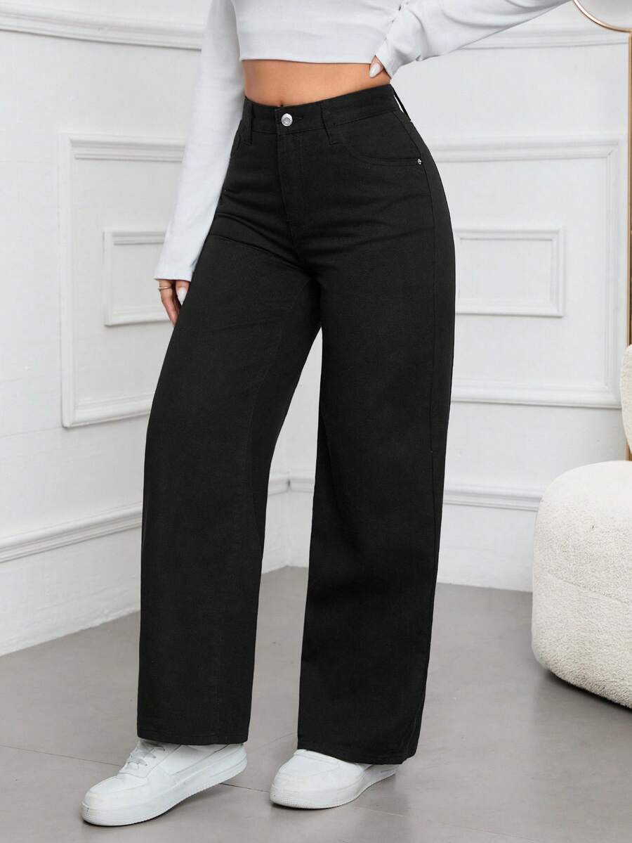 SHEIN EZwear Quần denim ống rộng cạp cao, dáng rộng, dễ mặc, đa năng cho nữ - màu đen - Xem 1