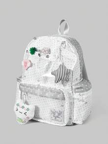 ROMWE 1pc Cute Kawaii Plush Lucky Clover Cat Pendant With Striped Star, Heart, Wing Decorations, Multi-Pocket Fashion Minimalist Doll, Suitable For Women's Backpack, College, Commute, Travel - White - View 4