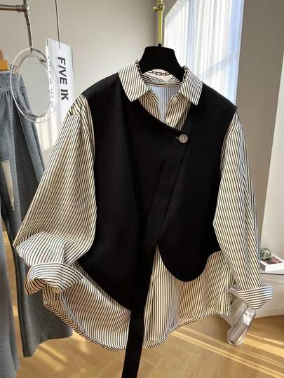 GlowEve Women's Casual Commuter Striped Patchwork Shirt