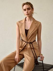 MOTF PREMIUM PEAK COLLAR LOOSE FIT WAISTCOAT, CASUAL COMMUTER WEAR - Khaki - View 1