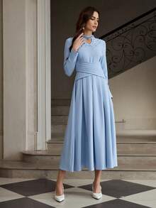 ZEYLAH Elegant Rhinestone Embellished Mid-Length Dress For Women - Blue - View 4