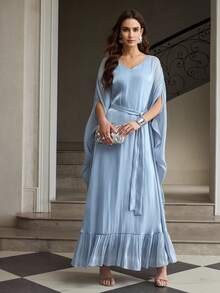 ZEYLAH Women's Loose Fit Asymmetrical Hem Robe/Robe, Bat Wing Sleeve, Faux Silk, Spring/Summer - Dusty Blue - View 5