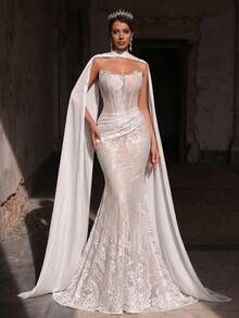 Glamrae 优雅奢华弹力蕾丝褶皱性感无肩带美人鱼婚纱，带可拆卸拖尾，适合婚礼、单身派对、度假、舞会、蜜月等场合。