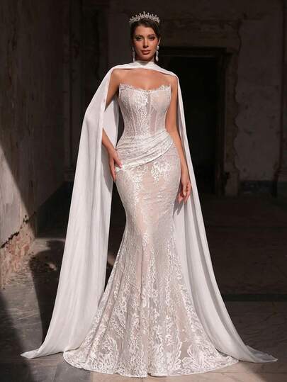 Glamrae Đầm cưới cúp ngực dáng đuôi cá sang trọng, co giãn, chất liệu ren xếp ly, gợi cảm, có đuôi váy rời, phù hợp cho đám cưới, tiệc độc thân, kỳ nghỉ, dạ hội, tuần trăng mật, ngày Valentine.