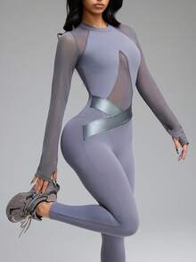 Innovista 女款深紫色網格拼接拇指孔長袖塑身連身衣，夏季性感健身運動優雅無縫減重健身服套裝 - 深灰色 - 查看 11