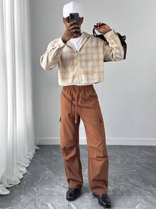 HUEFORM Camisa con capucha de manga larga a cuadros casual para hombre - Albaricoque - Ver 3