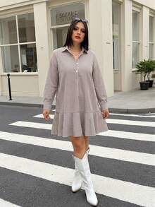 SHEIN LUNE 加大码红白条纹休闲宽松短款长袖连衣裙，圣诞节连衣裙，感恩节连衣裙，冬季连衣裙，条纹迷你连衣裙，必备单品，日常休闲装，秋季连衣裙，乡村休闲假日装扮，假日派对连衣裙 - 紅白色 - 查看 6