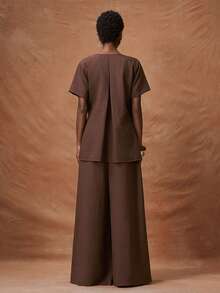 Zivah 女士纯色交叉系带露脐上衣搭配松紧腰阔腿裤度假派对套装 - 棕色 - 查看 3