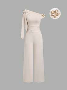 Sweetra Beige Summer Elegant Bar Party French Style Asymmetrical Shoulder Tie Waist Jumpsuit With Metal Buckle, Straight Leg Design For Early Spring - Apricot - View 1