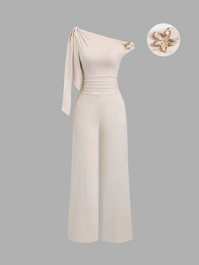 Sweetra Elegant French Style Asymmetrical Shoulder Tie Waist Jumpsuit With Metal Buckle Accent, Slimming Straight Leg Design, Gentle And Graceful For Early Spring