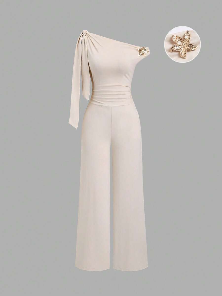 Sweetra Beige Summer Elegant Bar Party French Style Asymmetrical Shoulder Tie Waist Jumpsuit With Metal Buckle, Straight Leg Design For Early Spring - Apricot - View 1